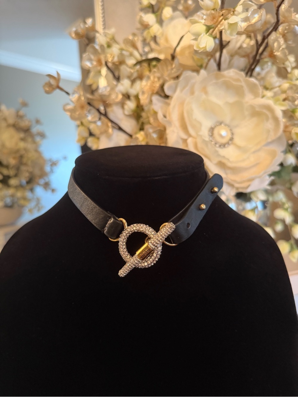 Black Leather Choker Necklace with Crystal Toggle Accent Juice Couture